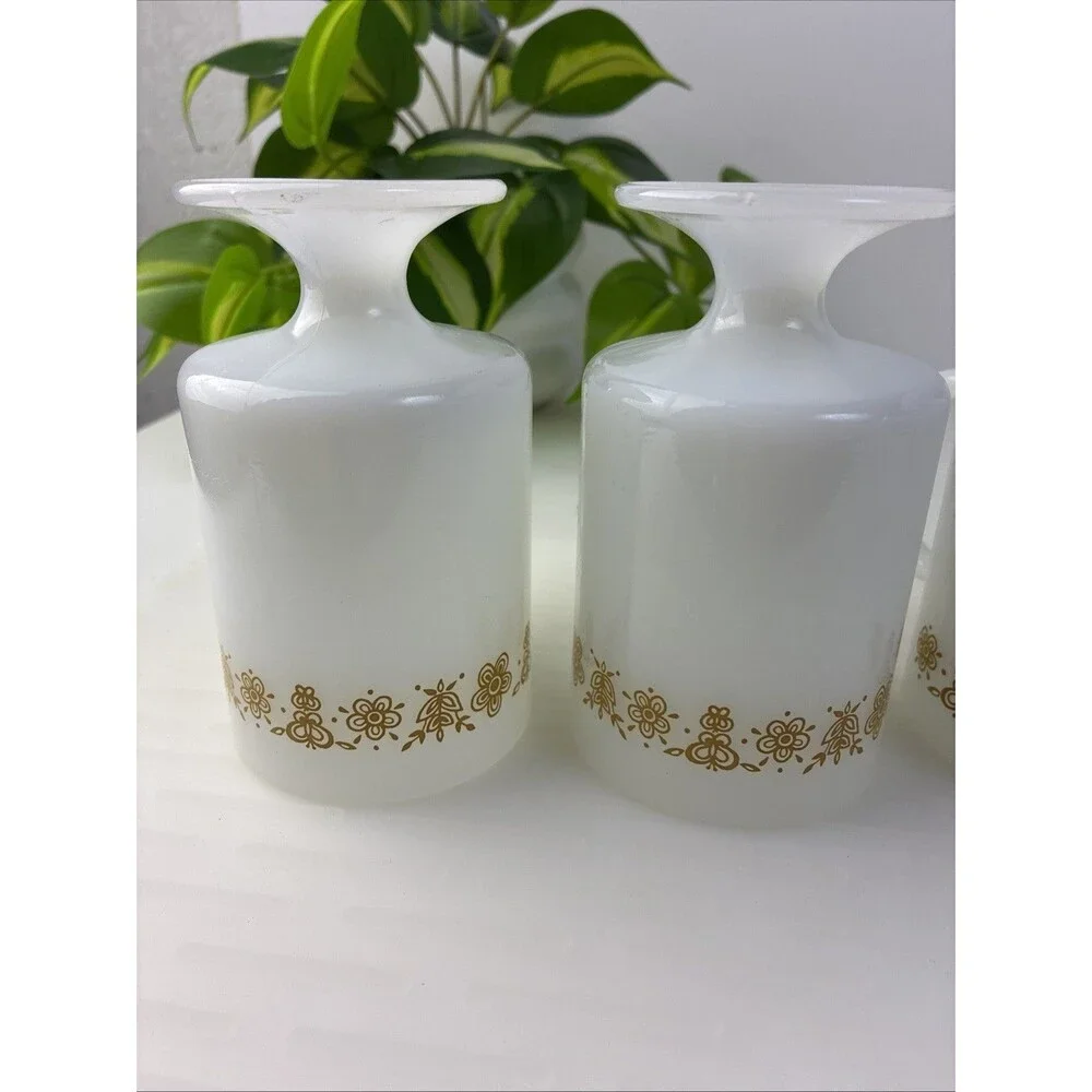 Pedestal Irish Coffee Mugs Butterfly Gold Vintage 70s Pyrex Cups Milk Glass 4pc